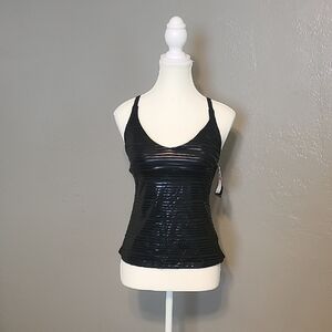 Nike Shiny Black Womens Swimsuit Top Striped Perforated NWT Small Adj Straps